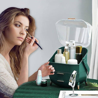 Organisateur de maquillage vert demonstration utilisation par dame