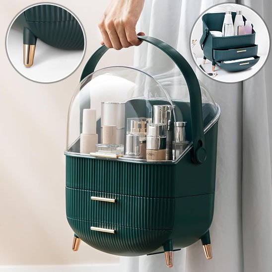 Organisateur de maquillage vert transport avec détails