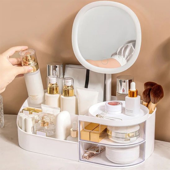 Organisateur maquillage blanc avec miroir