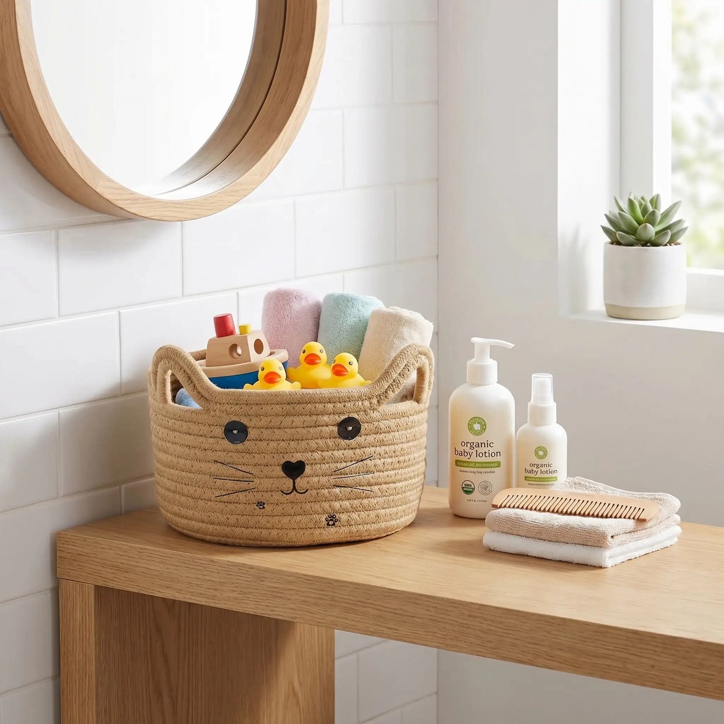 panier de rangement chat beige dans salle de bain