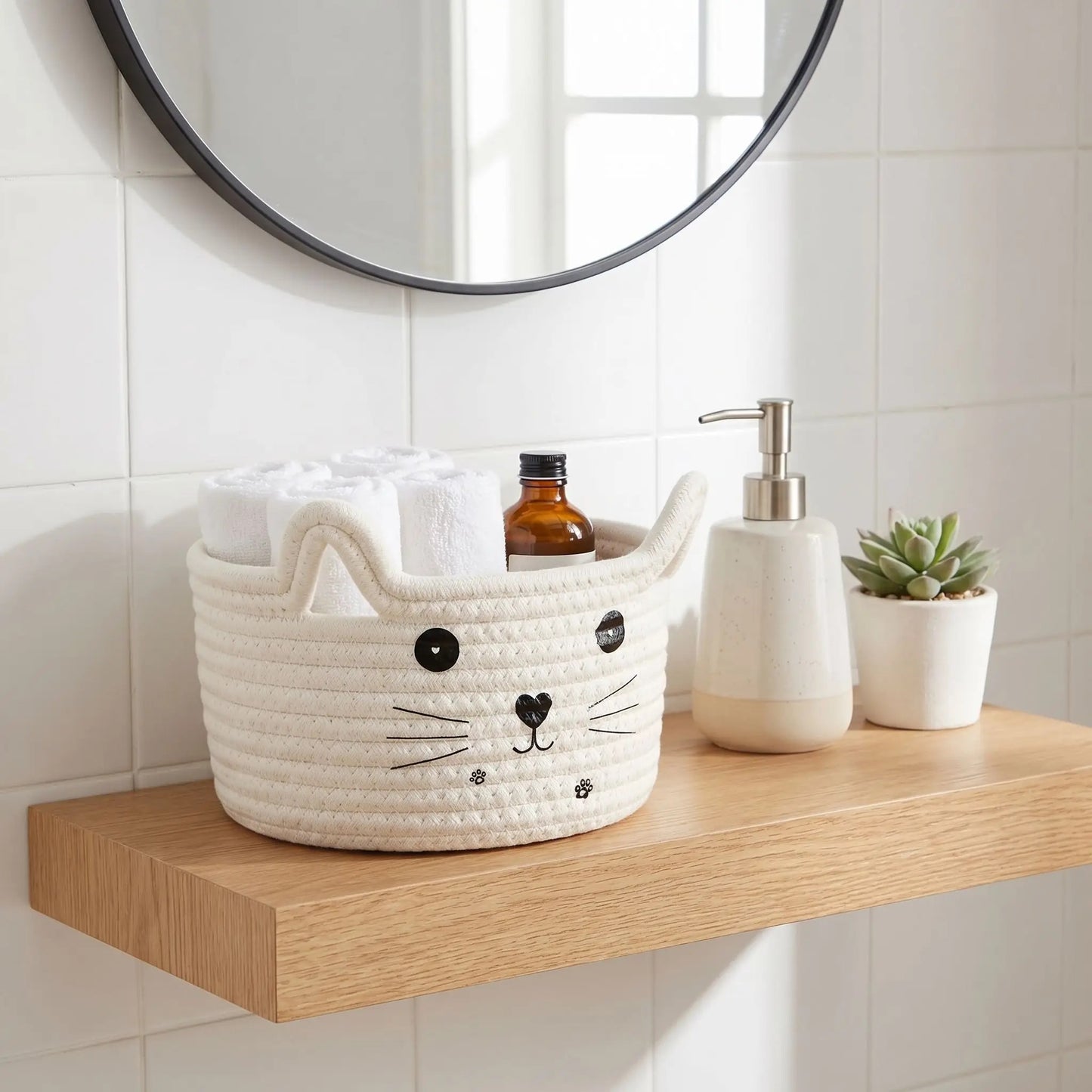 panier de rangement chat beige blanc sur etagere salle de bain