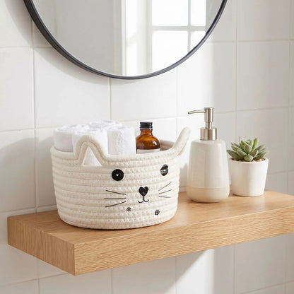 panier de rangement chat beige blanc sur etagere salle de bain