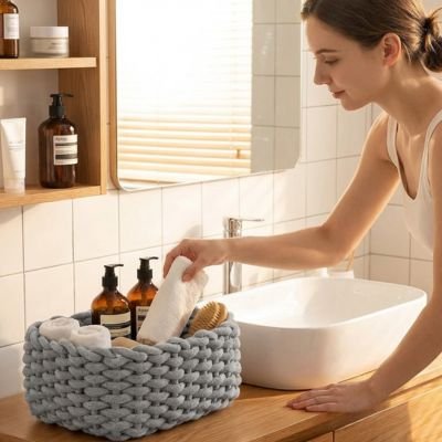 Panier de rangement salle de bain gris sur comptoir salle de bain