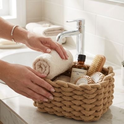Panier de rangement salle de bain marron a cote du lavabo