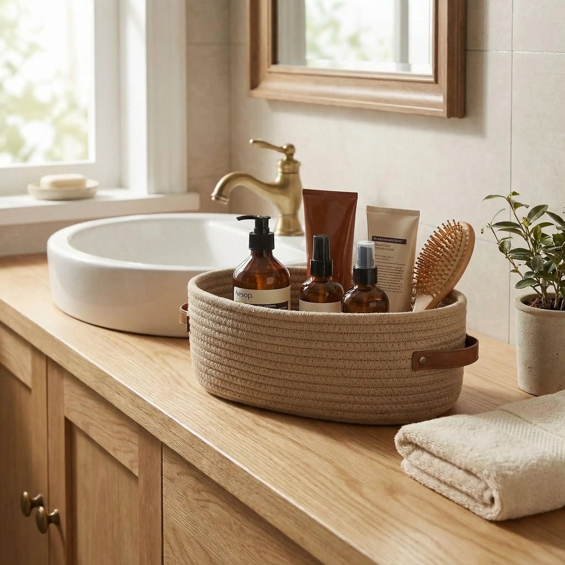 panier de rangement salle de bain ovale beige sur comptoir