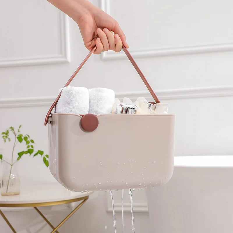 panier de rangement salle de bain rectangle silicone beige porte a la main