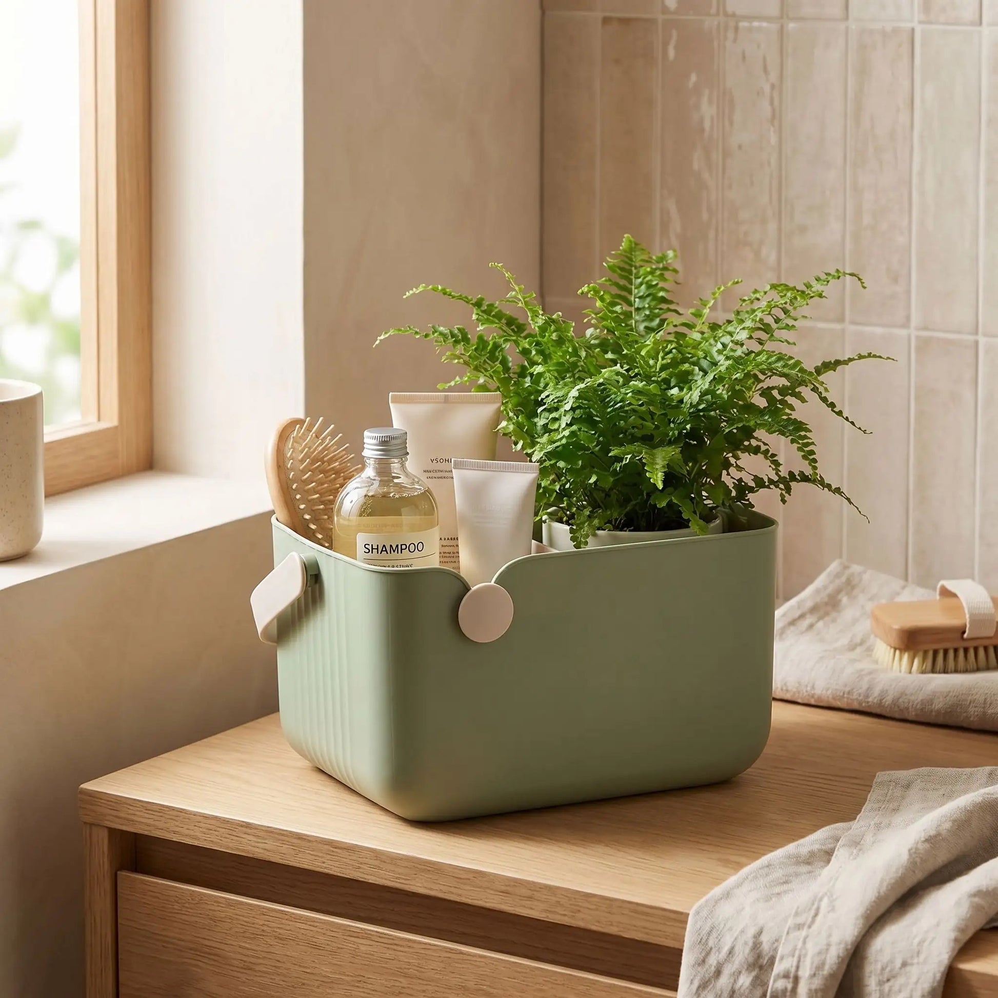 panier de rangement salle de bain rectangle silicone vert sur comptoir avec plante