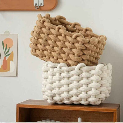 panier de rangement salle de bain tresse empile blanc et marron