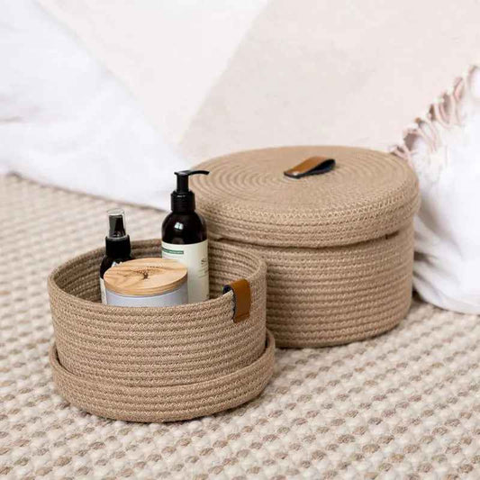 paniers de rangement conton tresse naturel beige 2 tailles avec produits
