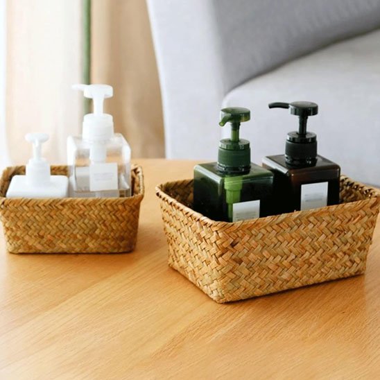 Paniers osier rangement 2 tailles avec produits comsetiques