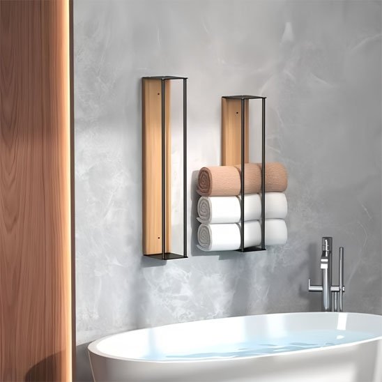 Porte serviette mural bois et metal 2 tailles vertical au dessus baignoire