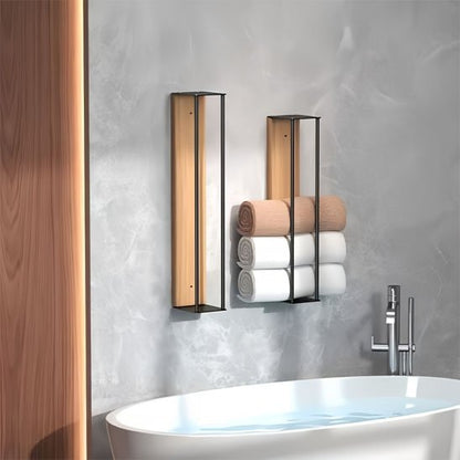 Porte serviette mural bois et metal 2 tailles vertical au dessus baignoire