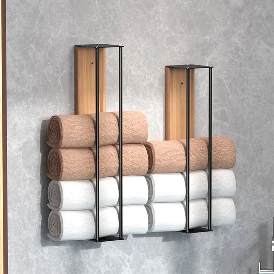 Porte serviette mural bois et metal 2 tailles vertical avec serviettes