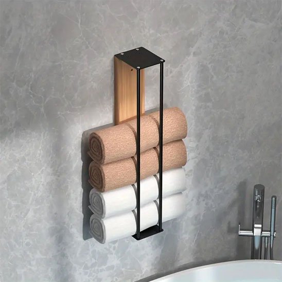 Porte serviette mural bois et metal avec serviettes