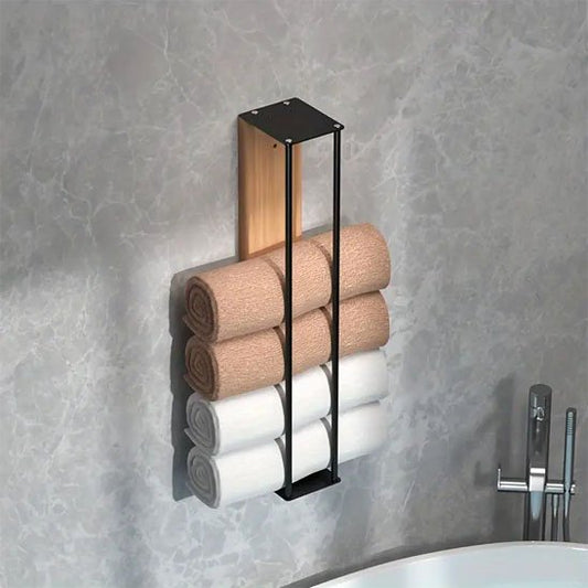 Porte serviette mural bois et metal avec serviettes