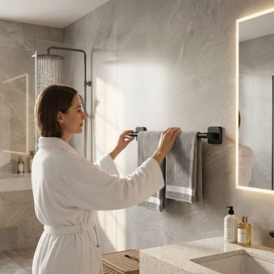 Porte serviette mural dans salle de bain avec dame