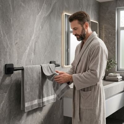 Porte serviette mural dans salle de bain avec homme