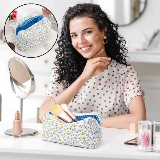 trousse a maquillage motif fleuri bleu dame