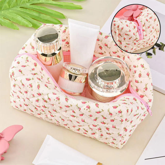 trousse a maquillage motif fleuri rose ouverte