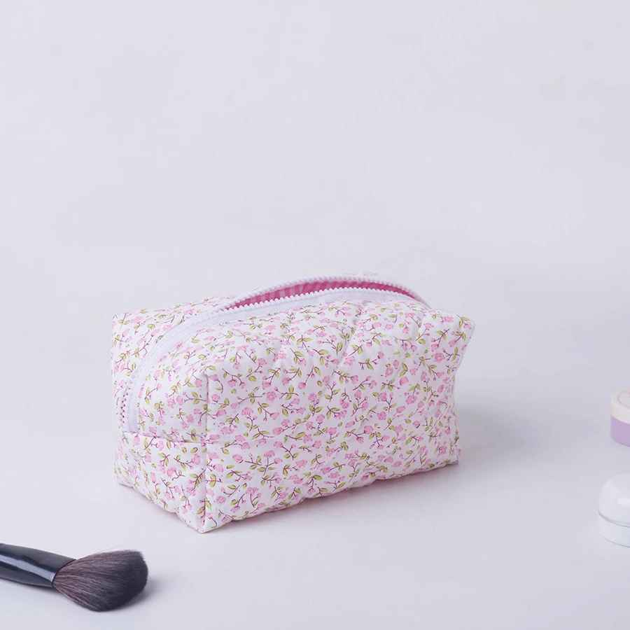 trousse a maquillage motif fleuri rose