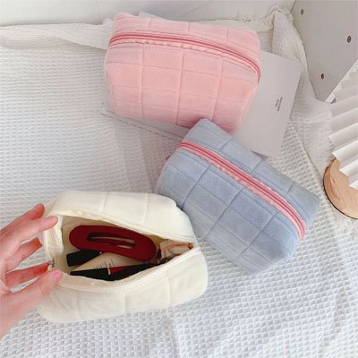 Trousse à maquillage organiseur velours 3 couleurs rose bleu ecru