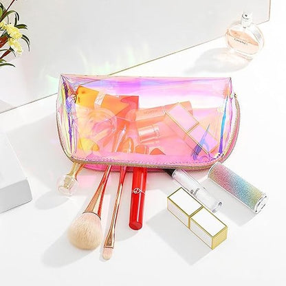 Trousse à maquillage reflet arc en ciel ouverte avec rouge à lévre et pinceaux