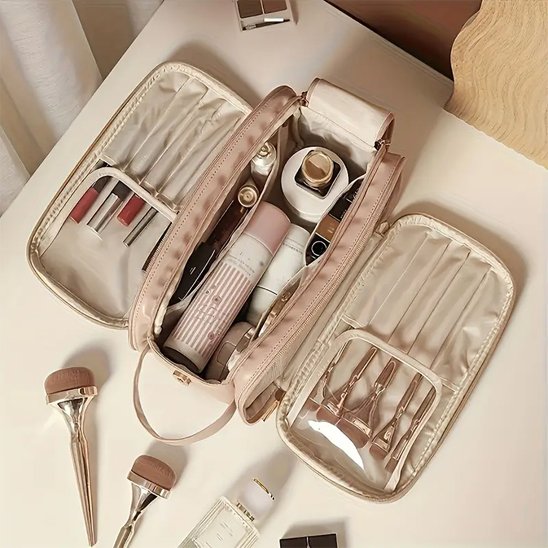 Trousse de maquillage beige vie de dessus ouverte