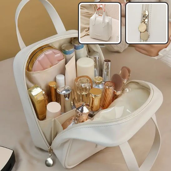 trousse de toilette femme blanche ouverte avec produits