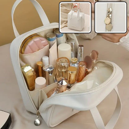 trousse de toilette femme blanche ouverte avec produits
