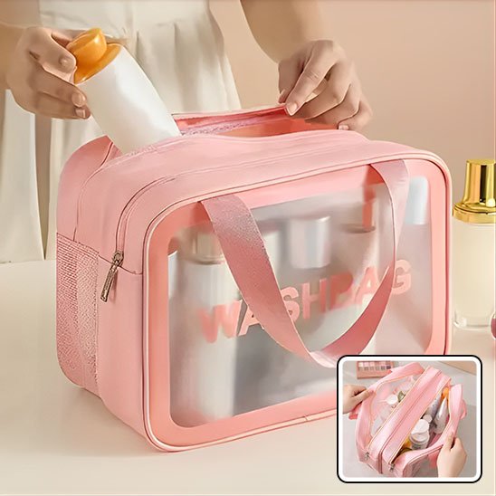 Trousse de toilette femme rose ouverte