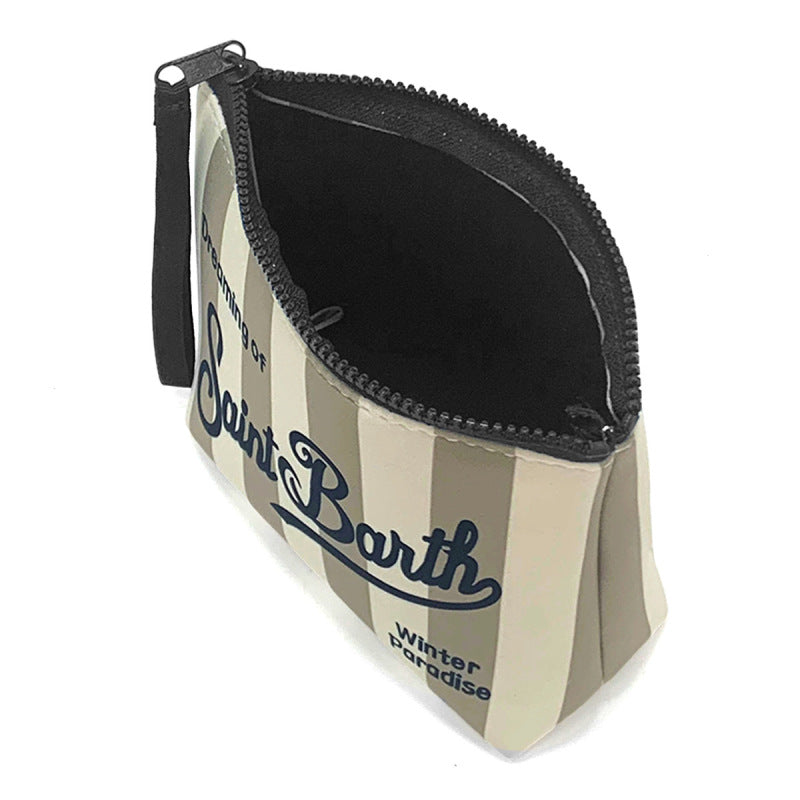 trousse de toilette femme saint barth rayee gris blanc zip ouvert