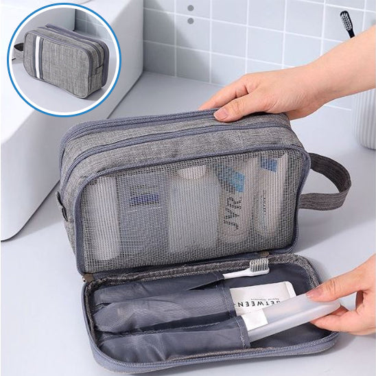 trousse de toilette grise ouvert ferme