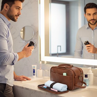 Trousse de toilette homme marron dans salle de bain