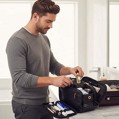 Trousse de toilette homme noir dans salle de bain 