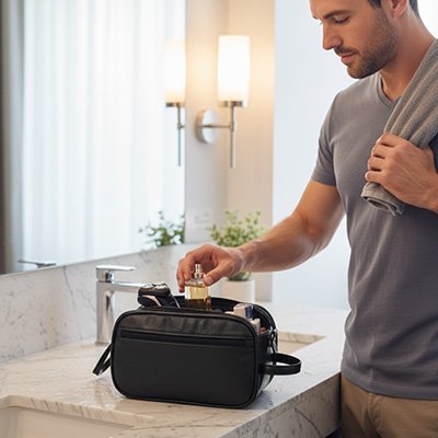 Trousse de toilette homme noire homme range parfum