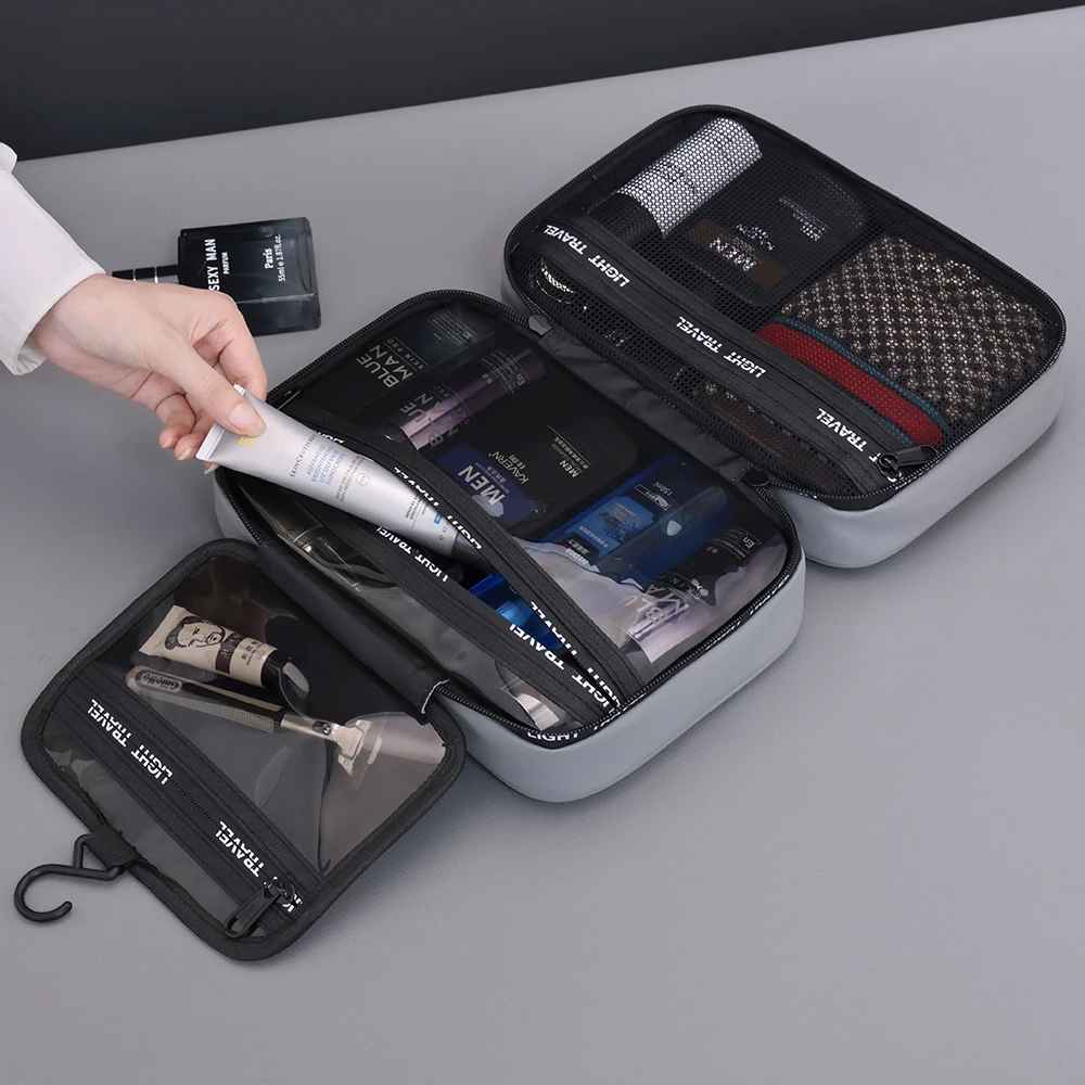 trousse de toilette homme rigide grise ouverte rangement interieur