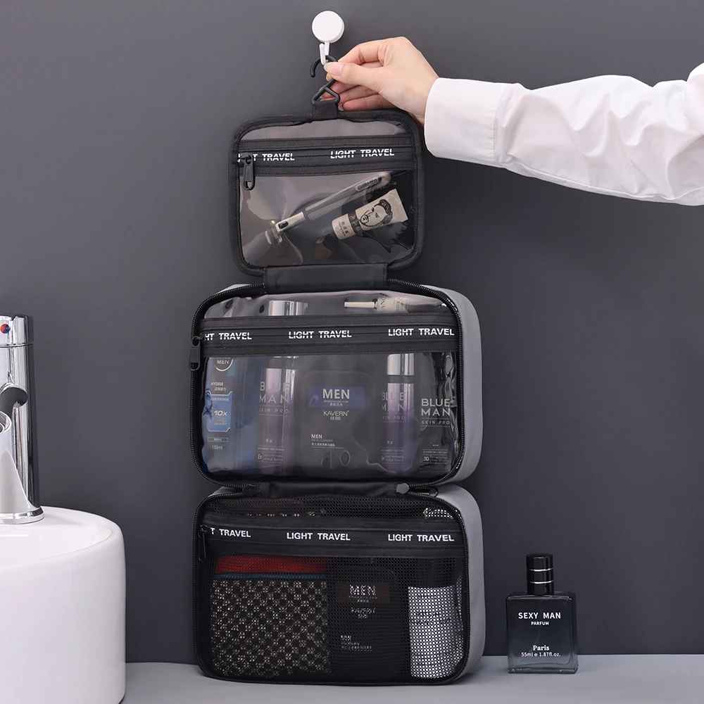 trousse de toilette homme rigide ouverte grise demo crochet