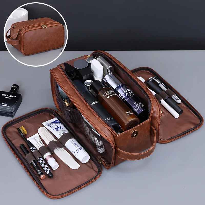 trousse de toilette voyage marron ouvert en entier