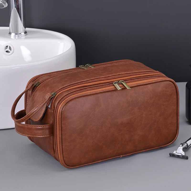 trousse de toilette voyage marron vue face ferme