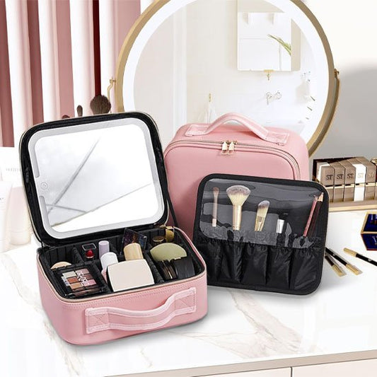 Trousse maquillage avec miroir integré rose ouverte et noir