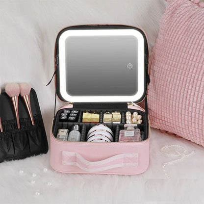 Trousse maquillage avec miroir led integré rose ouverte