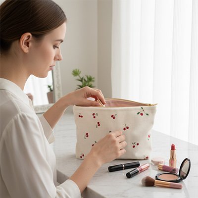 Trousse maquillage en velours cotelé femme regarde dedans