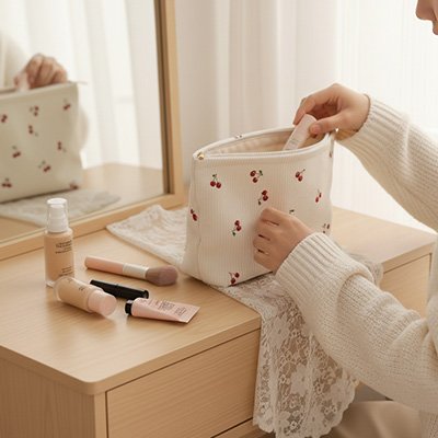 Trousse maquillage en velours cotelé sur coiffeuse dame cherche dedans