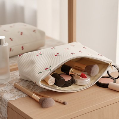 Trousse maquillage en velours cotelé sur le cote sur coiffeuse