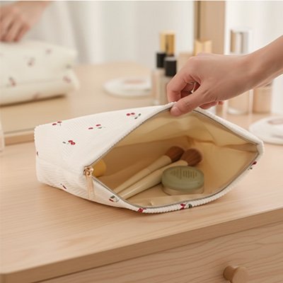 Trousse maquillage en velours cotelé sur le coté 
