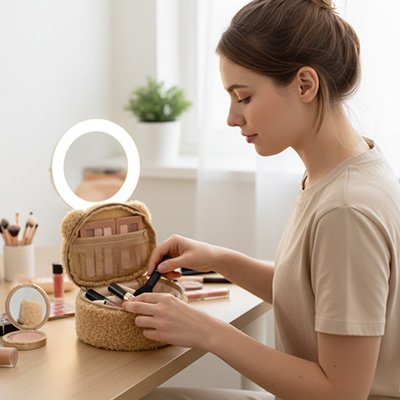 Trousse maquillage nounours avec femme sur coiffeuse