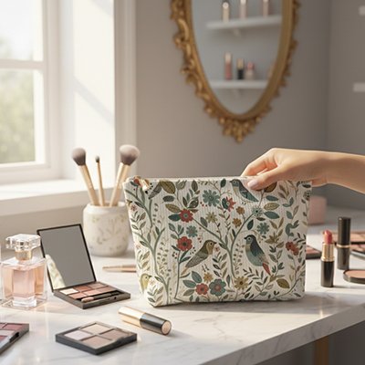 Trousse maquillage oiseaux femme tenant la pochette