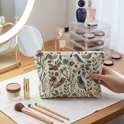 Trousse maquillage oiseaux sur coiffeuse