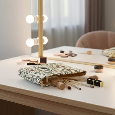 Trousse maquillage oiseaux sur la coiffeuse avec pinceaux