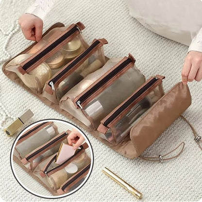 trousse pour maquillage multi-pochettes ouverte marron glacé